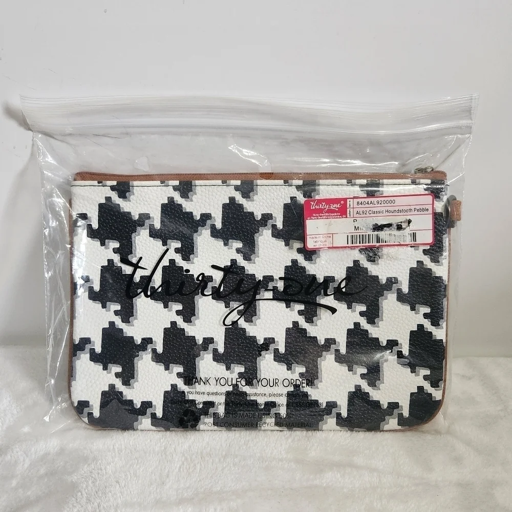 Thirty One Classic White Black Gray Houndstooth Pebble Pouch Bag Clutch NWT